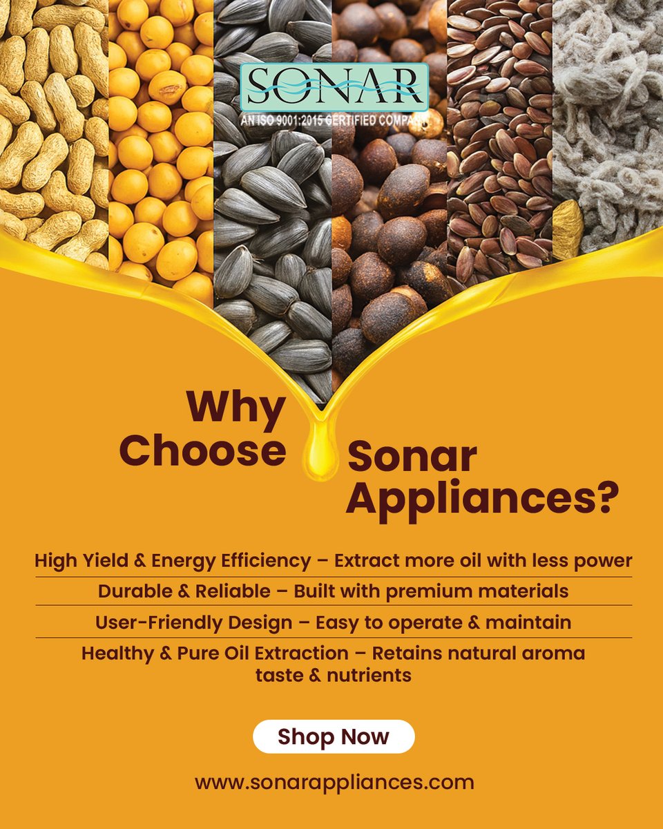 sonarappliances's tweet image. 💼 Sonar SA-2017 – Where Strength Meets Innovation.

📞 9811163800
 Call us today for product details &amp;amp; orders

📧 sonar2025@gmail.com

#SonarAppliances #ColdPressOilMachine #PureOilExtraction #HealthyLiving #SmartBusinessChoice #KitchenEssentials #pure #sonar #like #view #post