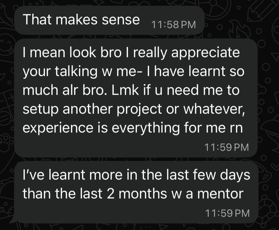 Give people chances.

This guy was scammed for 2.5k by some bs mentor with shit advice.

He saw my tiktok the other day and hmu. I get so many dms but saw that he was hungry to learn, he’s not my student but I gave him the chance to make my websites for experience &amp; $.

W lesson