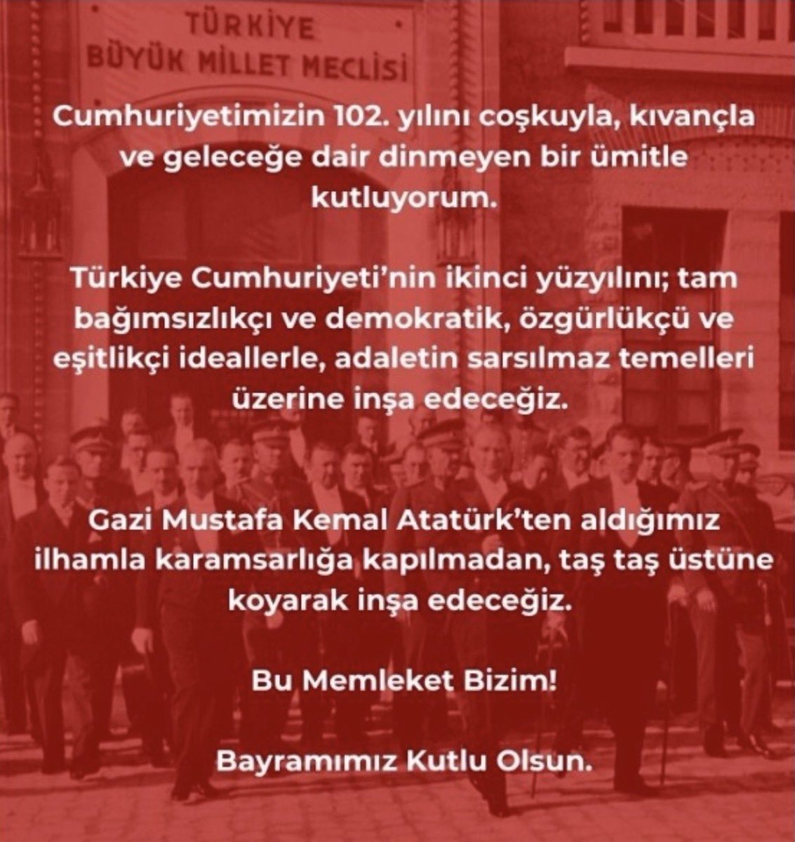 29 Ekim Cumhuriyet Bayramımız kutlu olsun.🇹🇷

Bu Memleket Bizim! 

Tam bağımsızlık, özgürlük ve eşitlik idealleriyle inşa edeceğimiz yeni yüzyıl hepimizin!