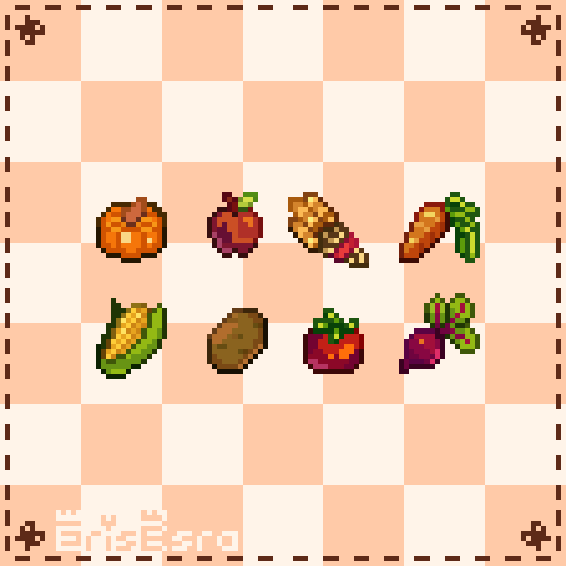 ⭐Here's a final look at the #pixelart crop study we did the other week! We've got pumpkins, apples, carrots, wheat, corn, potatoes, tomatoes, and beets! It was a lot of fun!