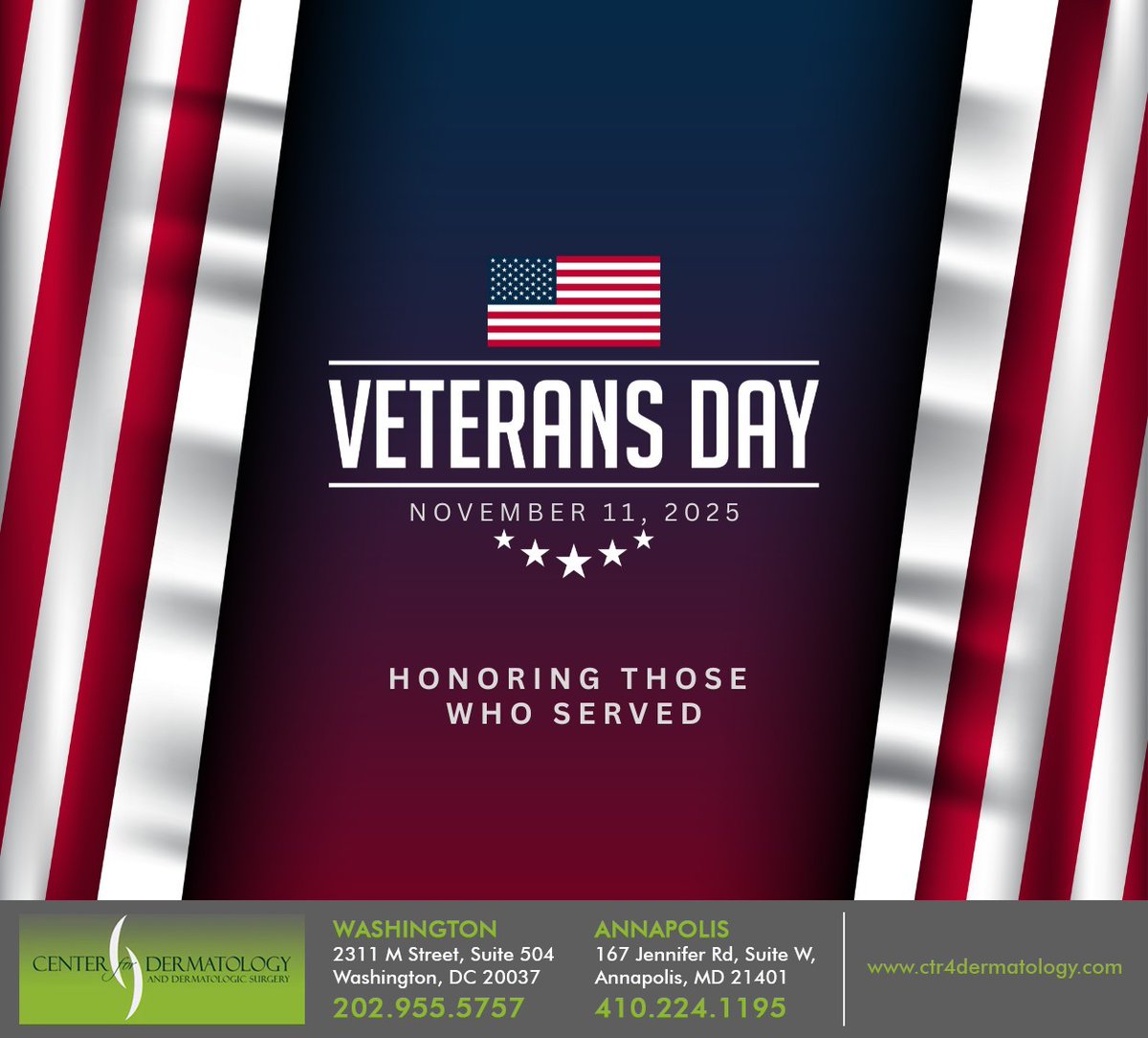 Thank you to all veterans for your bravery and sacrifice. We will always be grateful for your service. #veteransday #veterans #servicetoournation #washington #DC #centerfordermatology