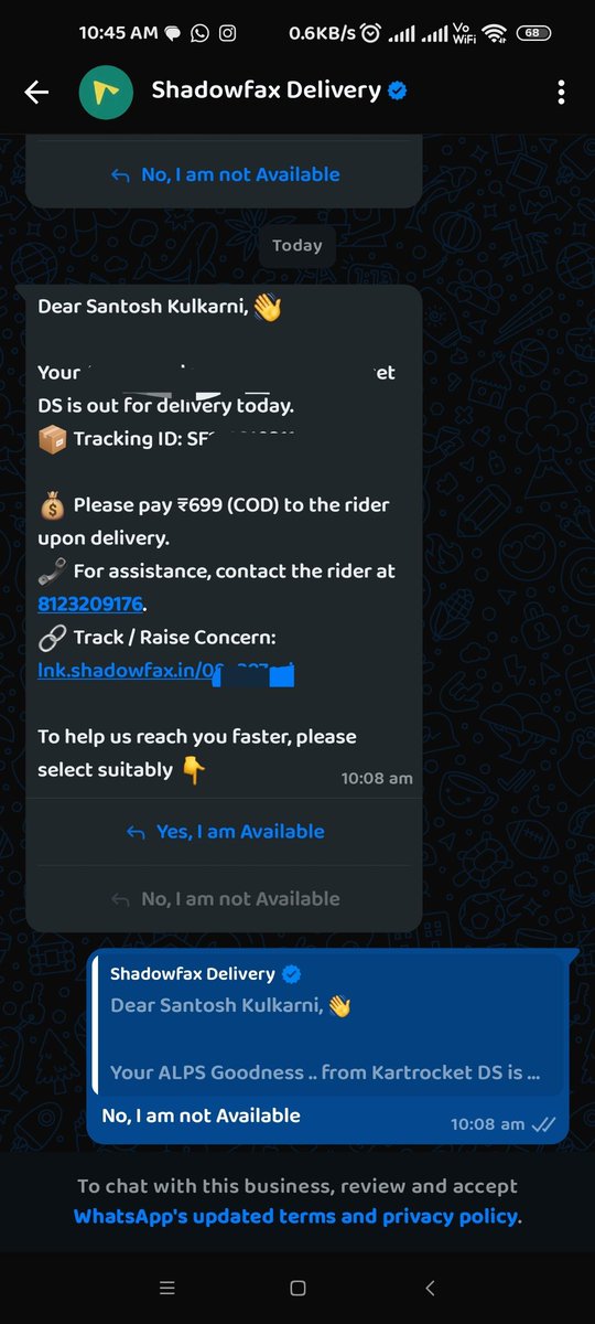 santoshki1312's tweet photo. ⚠️ Scam Alert ⚠️
I’ve been getting fake WhatsApp messages about COD deliveries I never ordered.
Delivery agents (Shadowfax) insist on payment before inspection.
Happened twice in 2 days — reported to their page. Stay alert & never pay blindly!
#OnlineScam #FraudAlert #CODScam https://t.co/ekZh5mxQ0q