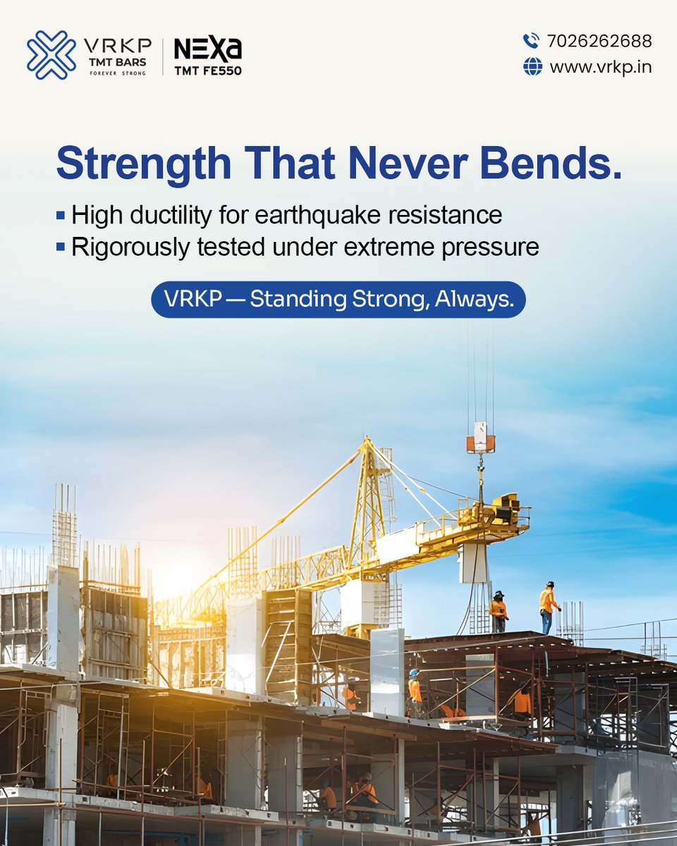 VRKP_Steel's tweet photo. Strength that performs under pressure. 
High ductility ✅ 
Earthquake resistance ✅ 
Durability ✅

Choose VRKP Nexa FE550 — trusted by experts. 

📞 7026262688 | 🌐 https://t.co/TLtqfWHOiF

#VRKP #NexaFE550 #TMTBars #StructuralStrength #QualitySteel #ConstructionMaterials https://t.co/DeARBrW3OO