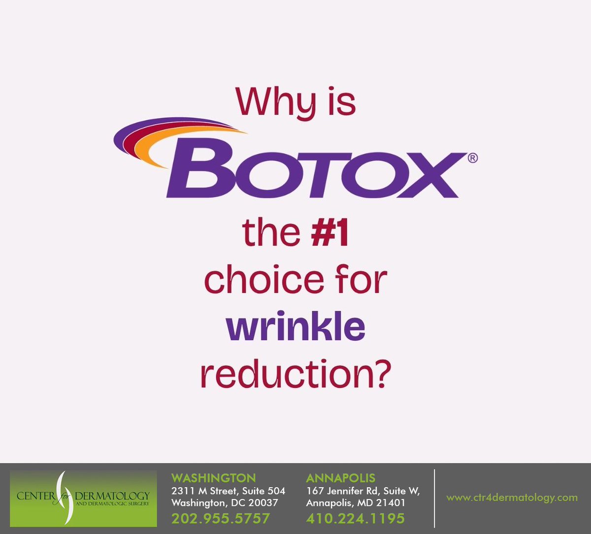 Want to smooth out those fine lines and wrinkles? Botox is a top choice for achieving a youthful look, and it's easy to see why. Visit ctr4dermatology.com to book a consultation. #botox #antiaging #skincare #washington #DC #centerfordermatology