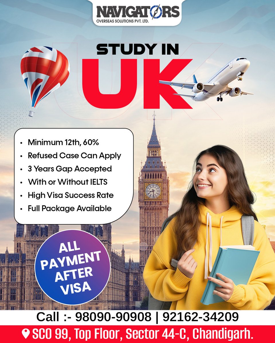 Navigatorsos's tweet photo. Study in the UK hassle-free with Navigators Overseas Solutions!
✅ No refusals or study gap worries
✅ IELTS optional
✅ Pay only after visa approval!

📞 98090-90908 | 92162-3420

#StudyInUK #UKStudyVisa #NavigatorsOverseas #StudyAbroad #UKEducation #StudentVisa #UKUniversities https://t.co/1jTDpam5VK
