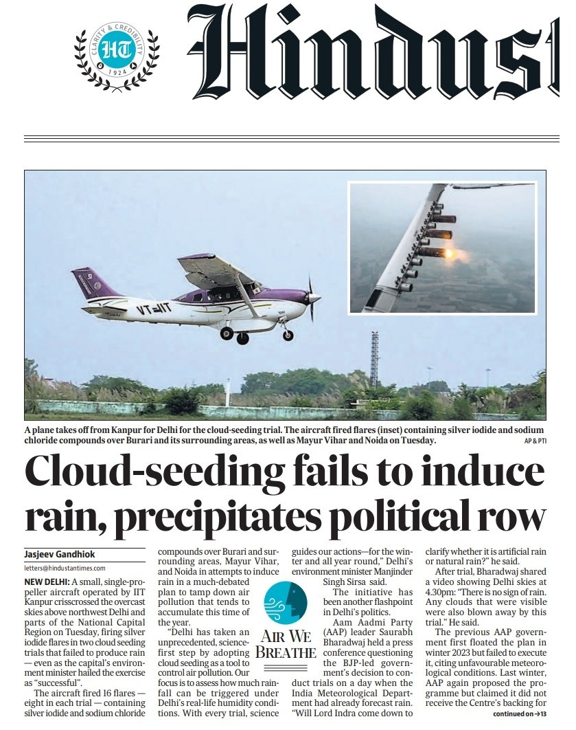 JasjeevGandhiok's tweet photo. Delhi held two more cloud seeding trials on Tuesday, but saw no rain. Experts say it is not a long-term solution to the problem. Will require a massive area of coverage; high intensity rains and even then, the impact may be only for a few hours - before AQI rebounds again. https://t.co/PWFk4aA2Vw