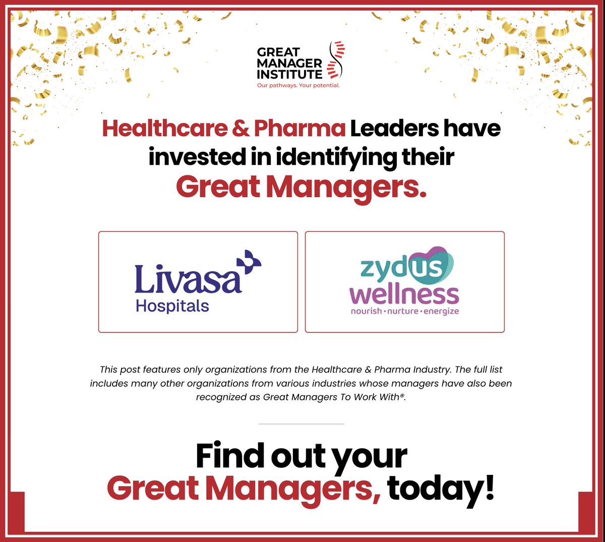 Celebrating Healthcare &amp; Pharma Leaders with Managers recognized as Great Managers To Work With®.  Kudos to these organizations.

<a href="/LivasaHospitals/">Livasa Hospitals</a>, Zydus Wellness

#GMTW #Recognition