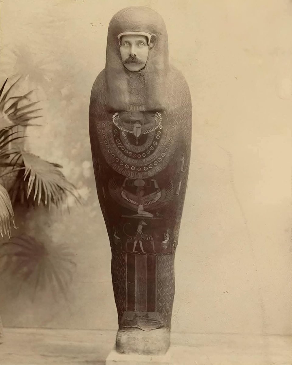 Archduke Franz Ferdinand of Austria posing as a mummy in Cairo, Egypt, 1894 .....

In 1894, Archduke Franz Ferdinand of Austria visited Egypt during a world tour through Asia and Africa. As heir to the Austro-Hungarian throne, he was an important figure in European royalty,