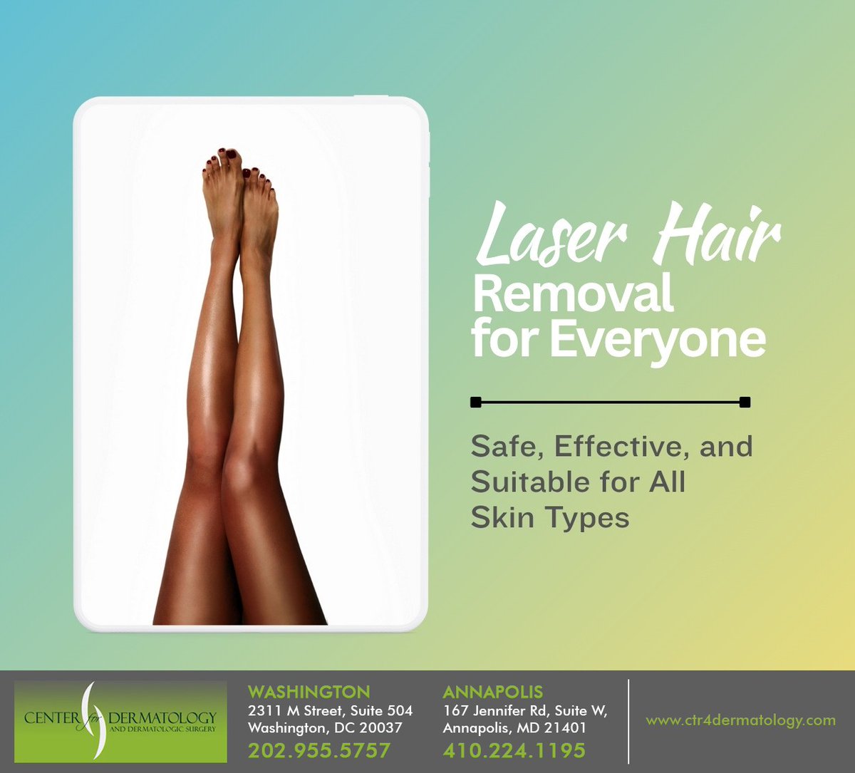 At Center for Dermatology and Dermatologic Surgery, we provide safe and effective laser hair removal treatments for both men and women. Experience the confidence of smooth, hair-free skin today. #laserhairremoval #hairremoval #washington #DC #centerfordermatology