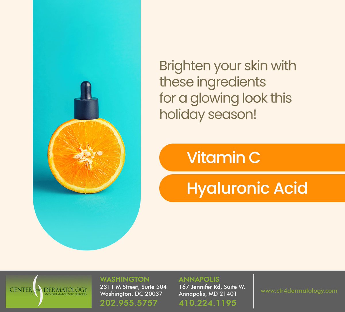 Get ready for the holiday season with products that contain brightening ingredients such as vitamin C and hyaluronic acid for glowing skin. Consult a dermatologist to secure the best products for your skin type. #washington #DC #centerfordermatology