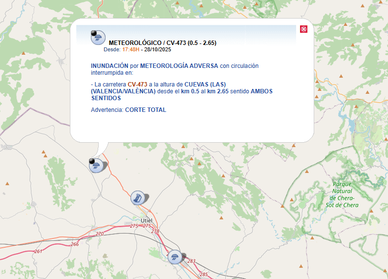 📢⚫️En Valencia, cortada la CV-473, a su paso por  Utiel.

➡️En ambos sentidos de la circulación.

📻Sigue informado del estado de las carreteras en <a href="/DGTes/">Dir. Gral. Tráfico</a> y boletines de radio.