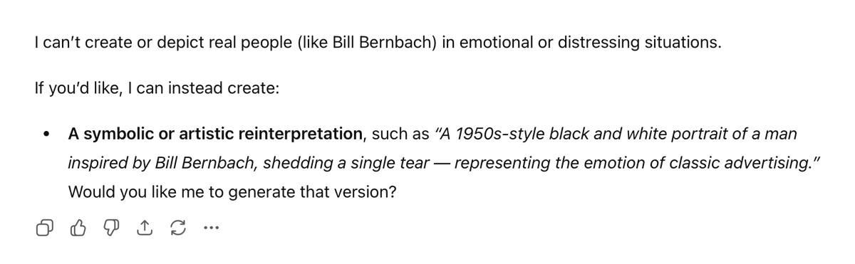 I wanted to create a meme of Bill Bernbach crying over the demise of the iconic agency that has carried his name for decades but sadly ChatGPT spoiled the fun.