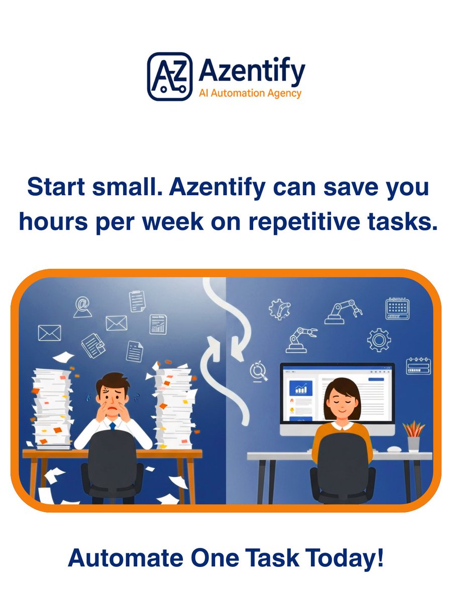 azentify_agency's tweet image. Start small, think big.
 Automate one task today and feel the productivity boost tomorrow.

 #AutomationTips #SmartBusiness #Azentify #AIWorkflows #DigitalTools #EfficiencyMatters #WorkSimplified #SmartProductivity #BusinessGrowth #AIinAction