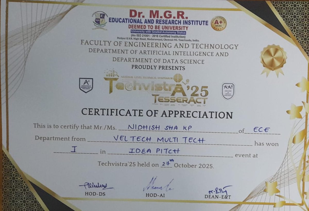 VelMultitech99's tweet image. Nidhish S.Ha.K.P and Prasanna P from the Department of ECE (Batch 2025–2029) have secured 1st Place 🥇 in the National-Level Ideapitch Contest at Techvistra ’25, organized by Dr. MGR Educational and Research Institute on 28.10.2025.

Kudos to the team
#VelTechMultiTech #ECE