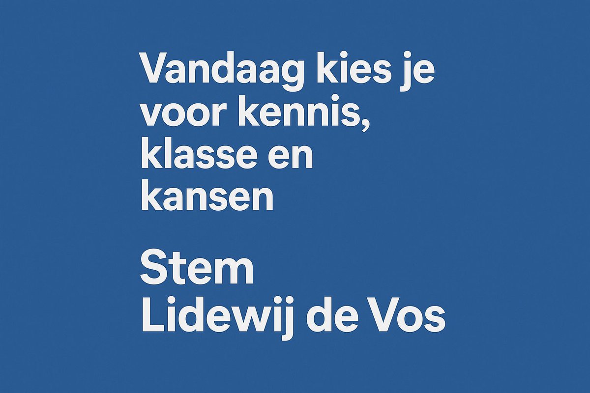 Nederland verdient leiders die denken én verbinden.
Vandaag kies je voor kennis, klasse en kansen.

Stem <a href="/lidewij_devos/">Lidewij de Vos</a> : beschaafd, onderlegd en vernieuwend.
Samen bouwen we aan een land vol nieuwe mogelijkheden. 🇳🇱

#verkiezingen2025