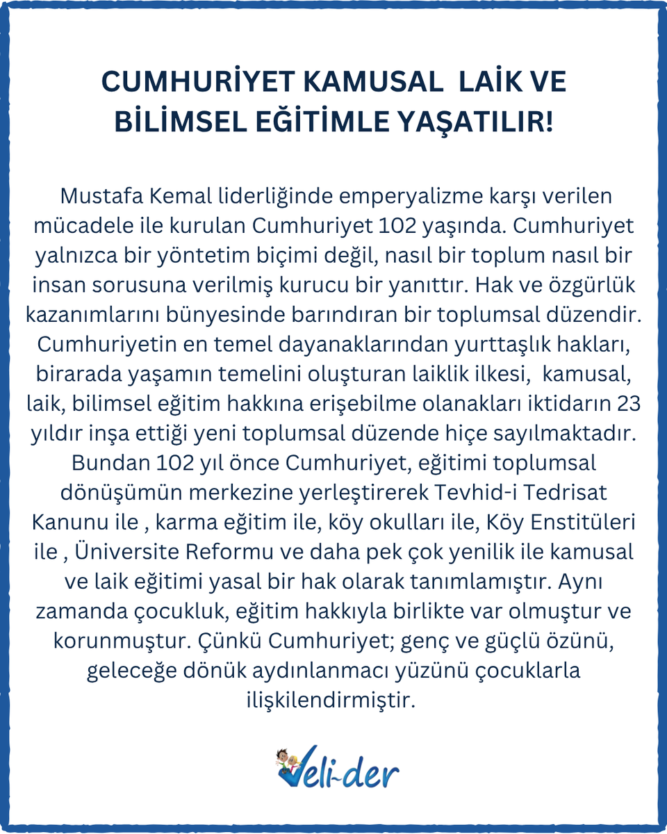 Veli_Der's tweet photo. Öğrenci Veli Derneği olarak Cumhuriyet Bayramı basın açıklamamızdır.

Yaşasın Cumhuriyet, yaşasın kamusal, laik ve bilimsel eğitim!

#CumhuriyetBayramı #29Ekim #VeliDer #LaikEğitim #BilimselEğitim #KamusalEğitim #Eşitlik #Özgürlük #Atatürk #Cumhuriyet102Yaşında https://t.co/pxqtcZc8Bw