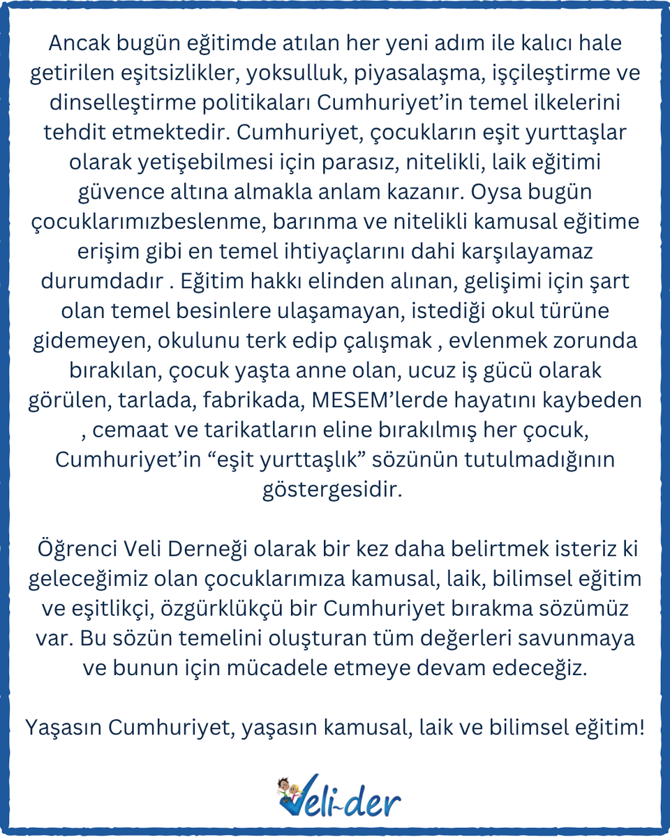 Öğrenci Veli Derneği olarak Cumhuriyet Bayramı basın açıklamamızdır.

Yaşasın Cumhuriyet, yaşasın kamusal, laik ve bilimsel eğitim!

#CumhuriyetBayramı #29Ekim #VeliDer #LaikEğitim #BilimselEğitim #KamusalEğitim #Eşitlik #Özgürlük #Atatürk #Cumhuriyet102Yaşında