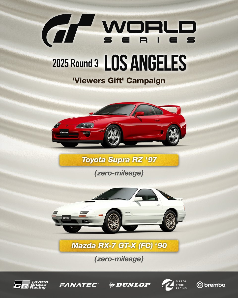 Watch the stream to receive free rewards!

🎁'Viewers Gift' Campaign🎁
Watch the stream from the campaign banner in 'Gran Turismo 7' to receive 2 Japanese cars with 0 miles on the clock!

Manufacturers Cup:
Toyota Supra RZ '97

Nations Cup:
Mazda RX-7 GT-X (FC) '90

More info on