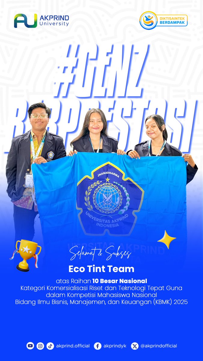Selamat &amp; sukses untuk EcoTint Team! 👏

Berhasil menorehkan prestasi gemilang dengan meraih 10 Besar Nasional pada Kategori Komersialisasi Riset dan Teknologi Tepat Guna dalam ajang KBMK 2025. 🏅

#ProdiUnggul #UKTTerjangkau #KuliahMurahdiJogja #UKTStabil #akprinduniversity