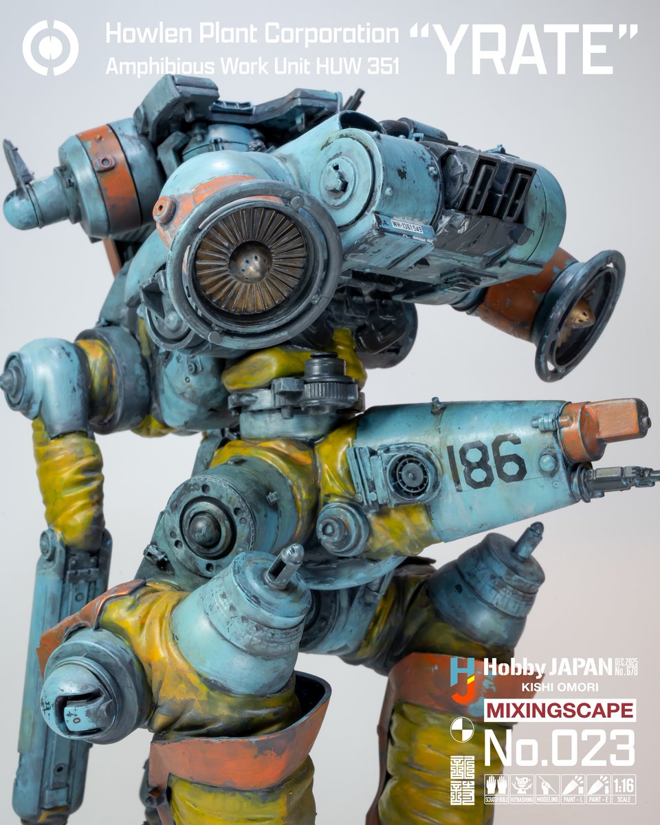 『月刊 #ホビージャパン 2025年12月号』連載『MIXINGSCAPE』No.023は《ハウレンプラント社 水陸両用作業ユニット HUW-351 “イレート“》です。今回は水中でも活動できる機体にしてみました。是非ご覧ください。  

連載バックナンバーのWeb版も公開中です。 
hjweb.jp/article/238398…