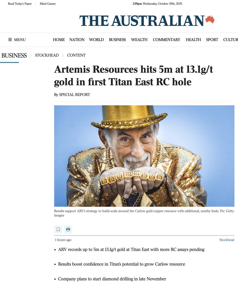 ArtemisResource's tweet image. #InTheNews

Artemis ($ARV) today announced a first-pass win at Titan East: 5m @ 13.1 g/t Au from ~132m (incl. 3m @ 20.9 g/t) in a ~20m altered/sheared zone.

Read the article to find out more: loom.ly/vYsxpnc

#ASX #Gold #Pilbara #Exploration