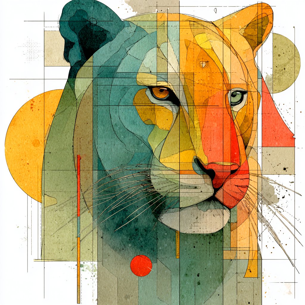 phokuinc's tweet image. Apex predator render as watercolor meets geometry. High saturated color with shapes interlocking in dynamic balance, power expressed through form and color #AIart #DigitalDesign #Abstraction #Midjourney