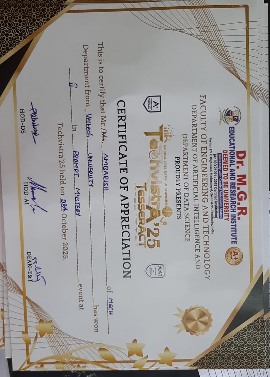 VelMultitech99's tweet image. Subetha and Ambarish Lavan from the Department of Mechanical Engineering (Batch 2025–2029) secured 2nd place  in the National-level contest “Promptmystery” held at Techvistra’25, organized by Dr. MGR Educational and Research Institute on 28.10.2025.
Congratulations to the team