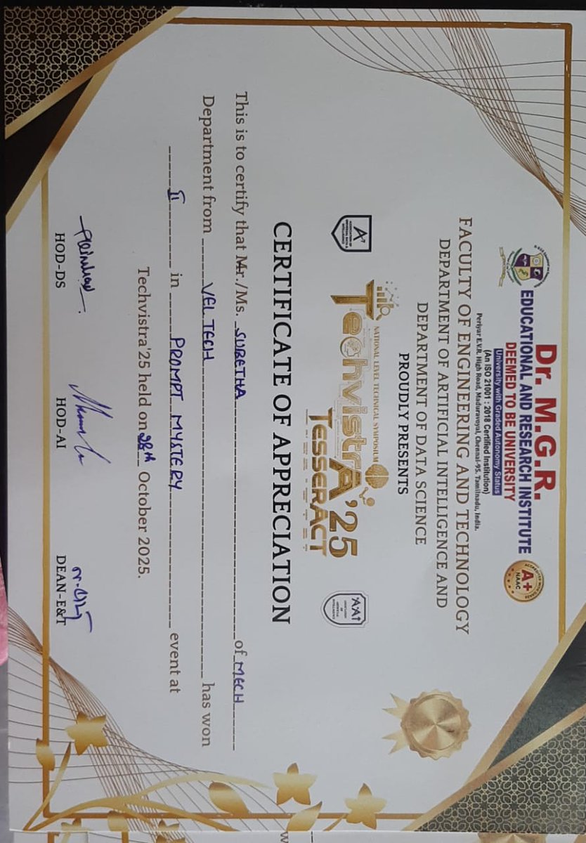 VelMultitech99's tweet image. Subetha and Ambarish Lavan from the Department of Mechanical Engineering (Batch 2025–2029) secured 2nd place  in the National-level contest “Promptmystery” held at Techvistra’25, organized by Dr. MGR Educational and Research Institute on 28.10.2025.
Congratulations to the team