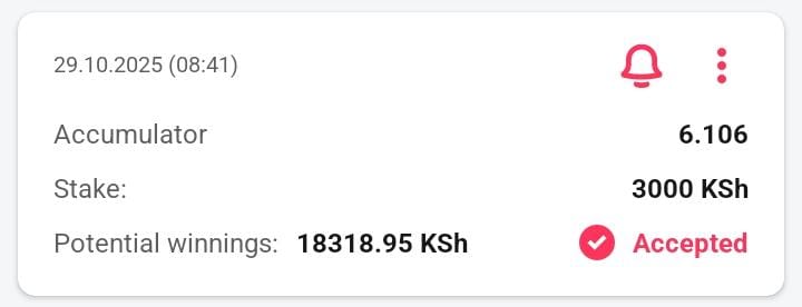 Good morning 

Lunch tip here 

6 odds 

Code👉B744V

No account yet?
url-shortener.me/6NJ1

Promo code 👉 BASIL254