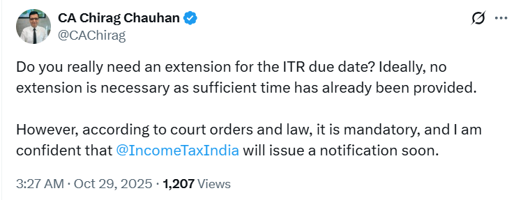 R_N_Vaghani's tweet photo. Dear Chirag Chauhan Sir,

With due respect, I would like to understand on what basis it is being stated that sufficient time has been provided this year?

Ideally, the gap between the due date of the Audit Report and the ITR (Audit Cases) is 2 months.
However, this year only 1.5 months have been provided — that too after the Court’s intervention, not voluntarily.
Further, the time gap between Audit Report filing and ITR filing is ideally 1 month,
but this year it is effectively 0 days.

Moreover, within this 1.5 month period, we also have Navratri, Diwali vacation, and multiple major Hindu festivals, during which staff availability and working capacity are naturally reduced.

In such circumstances, how can this be considered “sufficient time”?

 Kab? Kaise? Kis hisaab se sufficient time hai, Sir?

We genuinely seek clarity from your side.