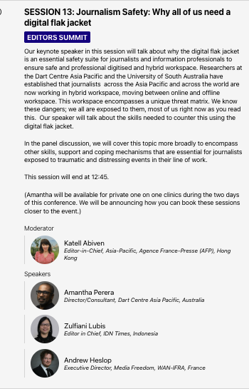 Will be at <a href="/NewspaperWorld/">WAN-IFRA</a> Asia Media Leaders' Summit in Singapore next week, talking on the #DigitalFlakJacket.  
wan-ifra.org/events/asian-m… 
<a href="/DartAsiaPacific/">Centre for Journalism and Trauma Asia Pacific</a> <a href="/UniversitySA/">UniSA</a> <a href="/tellka/">Katell Abiven</a>