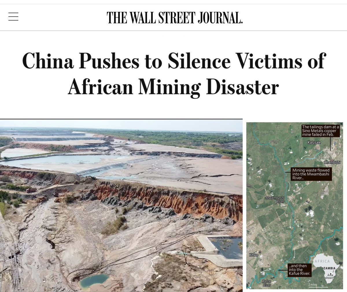 On Feb 18, the wall around a toxic-waste pool collapsed at the Chinese copper mine above a Zambian village and a poisonous river of stinking yellow liquid laden with cyanide and arsenic rushed downhill, inundating homes and fields.

Months later in Aug, officials from Sino
