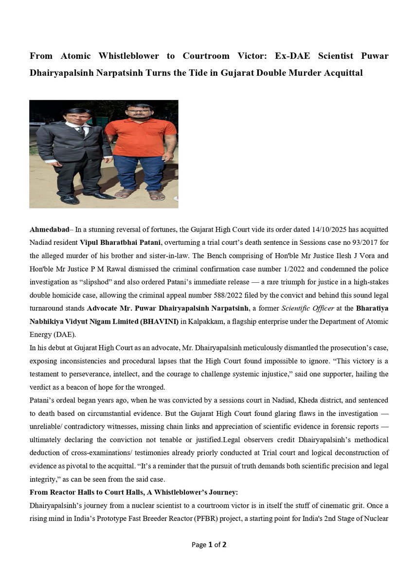 drsreeramappa1's tweet image. From Atomic Whistleblower to Courtroom Victor: Ex-DAE Scientist Puwar Dhairyapalsinh Narpatsinh Turns the Tide in Gujarat Double Murder Acquittal