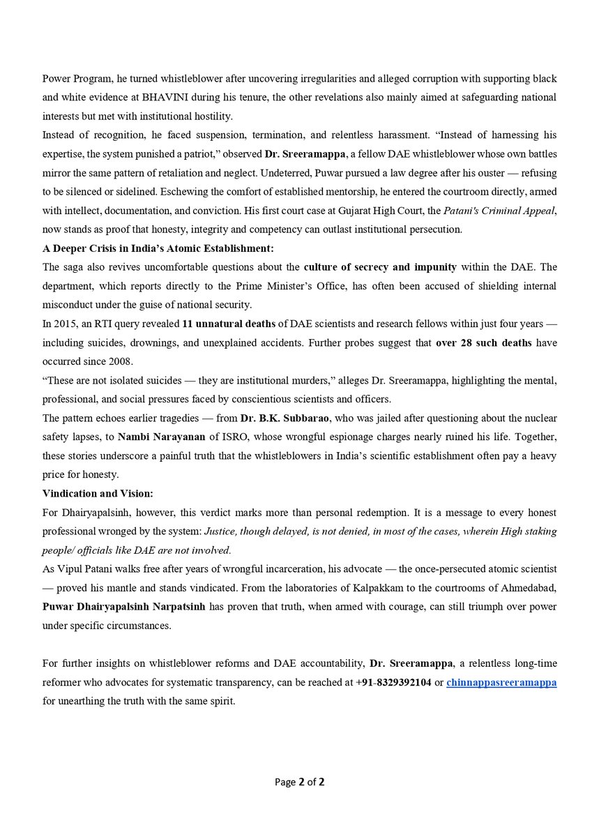 drsreeramappa1's tweet image. From Atomic Whistleblower to Courtroom Victor: Ex-DAE Scientist Puwar Dhairyapalsinh Narpatsinh Turns the Tide in Gujarat Double Murder Acquittal