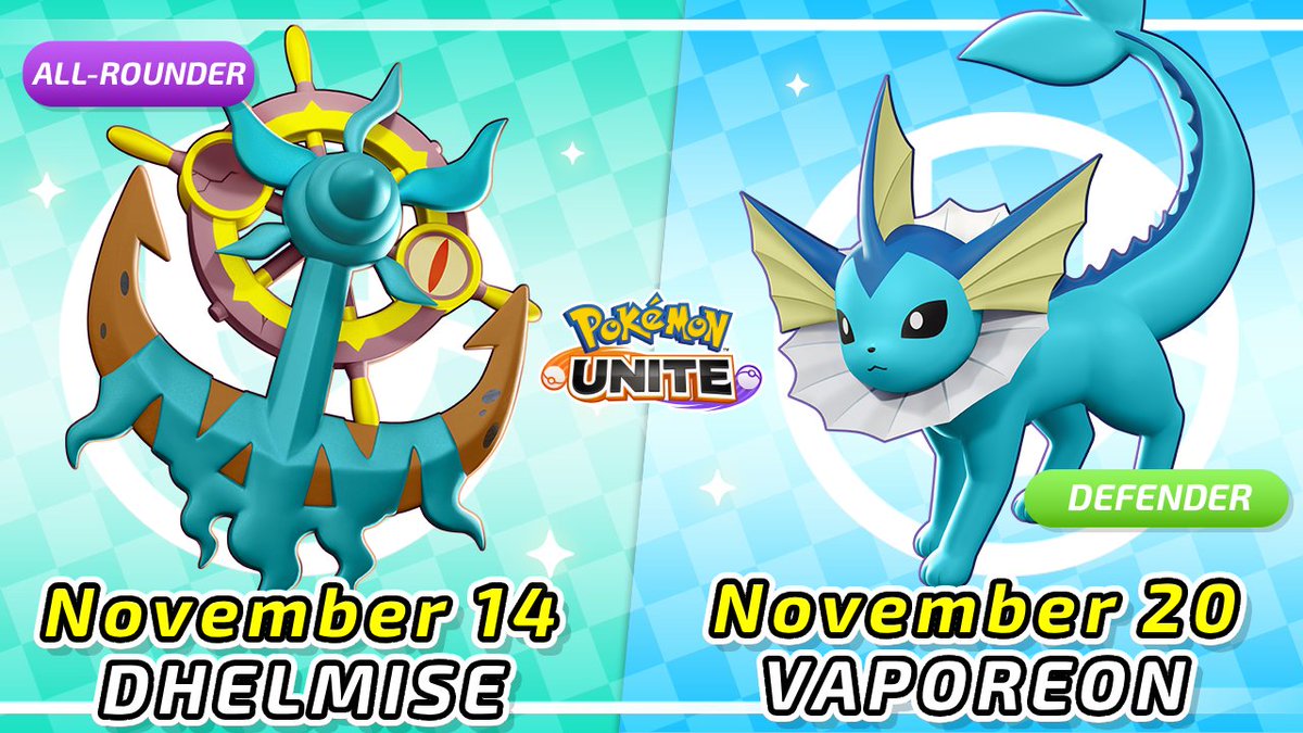 PokemonUnite's tweet photo. Dhelmise and Vaporeon are coming to #PokemonUNITE very soon! ✨

Dhelmise will be joining the fray on November 14, and Vaporeon will join on November 20. Stay tuned to learn more! https://t.co/xOMxIgZA8E