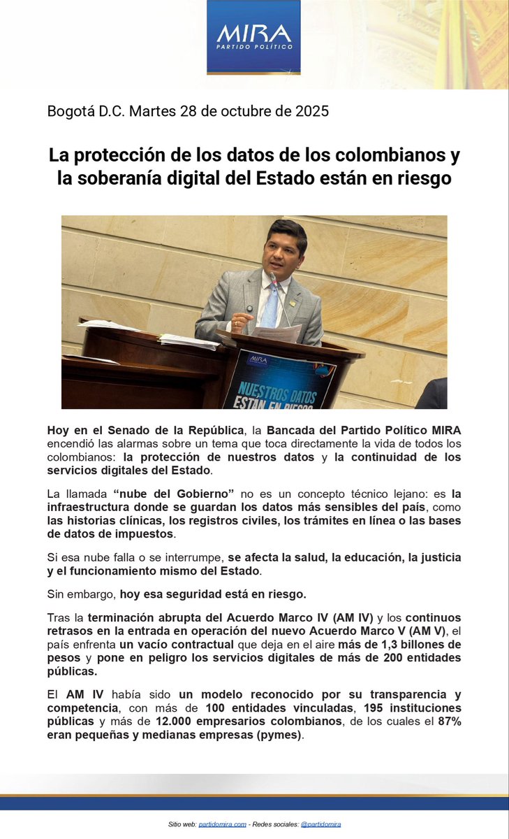 PartidoMIRA's tweet image. 🚨 La seguridad digital del Estado y los datos de los colombianos están en riesgo.

La Bancada del @PartidoMIRA presentó en el Senado un debate de control político sobre la crítica situación de la Nube Pública del Estado, donde se almacenan historias clínicas, registros civiles y…