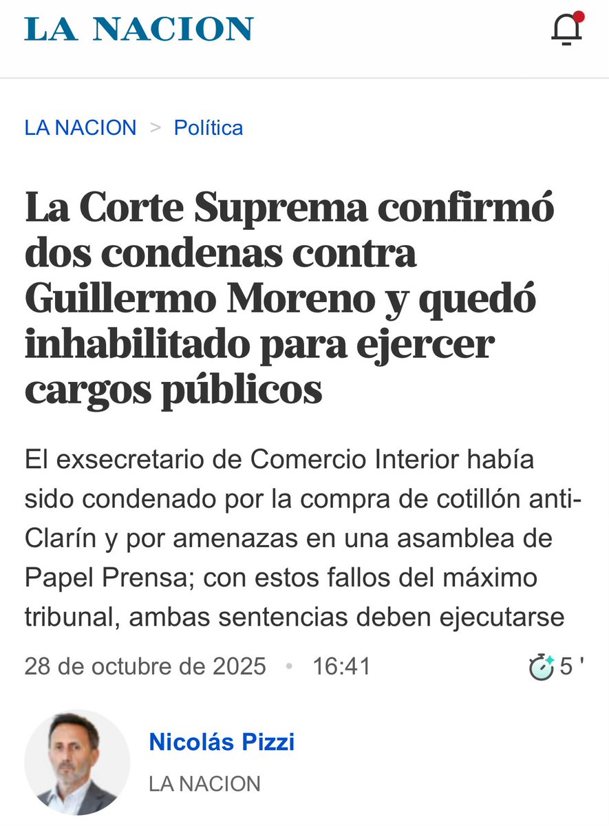 hoy es en serio un gran día para la democracia argentina: inhabilitación PERPETUA para ejercer cargos públicos a Guillermo Moreno confirmada por la Corte Suprema de la Nación.
la Justicia que llega tan tarde (dejó de ser funcionario hace más de una década) es Justicia?