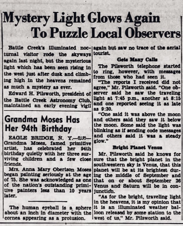 Mystery Light Glows Again

Battle Creek Enquirer, Battle Creek, Michigan · Thursday, September 09, 1954
