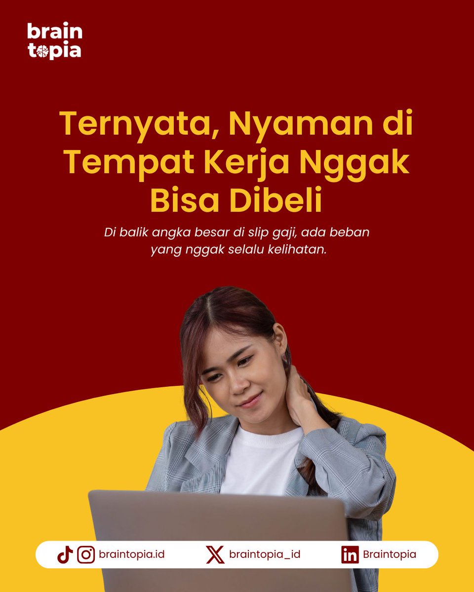 braintopia_id's tweet photo. Gaji besar nggak selalu bikin bahagia. Kadang, kamu justru stres, cemas tiap pagi, dan lelah karena lingkungan kerja yang toxic.
Uang penting, tapi kesehatan mental juga, kan? 
#karier #realtalk #mentalhealth https://t.co/lyxSKsQqC8