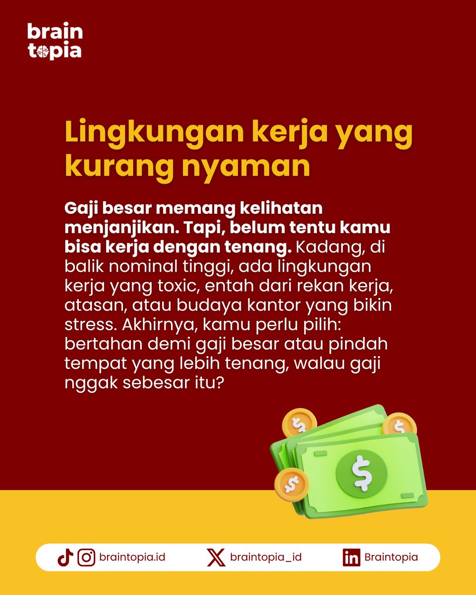 braintopia_id's tweet photo. Gaji besar nggak selalu bikin bahagia. Kadang, kamu justru stres, cemas tiap pagi, dan lelah karena lingkungan kerja yang toxic.
Uang penting, tapi kesehatan mental juga, kan? 
#karier #realtalk #mentalhealth https://t.co/lyxSKsQqC8