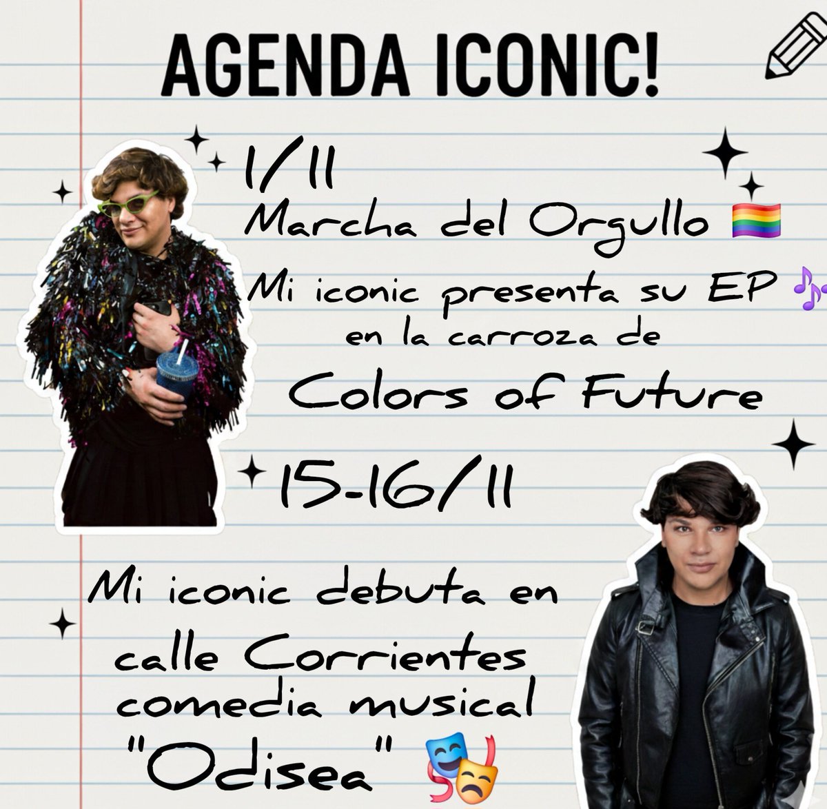 emybsd_'s tweet photo. AGENDA ICONIC! 🏳️🌈🎶🎭✨❤
#EmmaVich #iconic #Agenda #noviembre #marchadelorgullo #musica #teatro #debut #comediamusical #musical #odisea https://t.co/QlxI2Ruqri