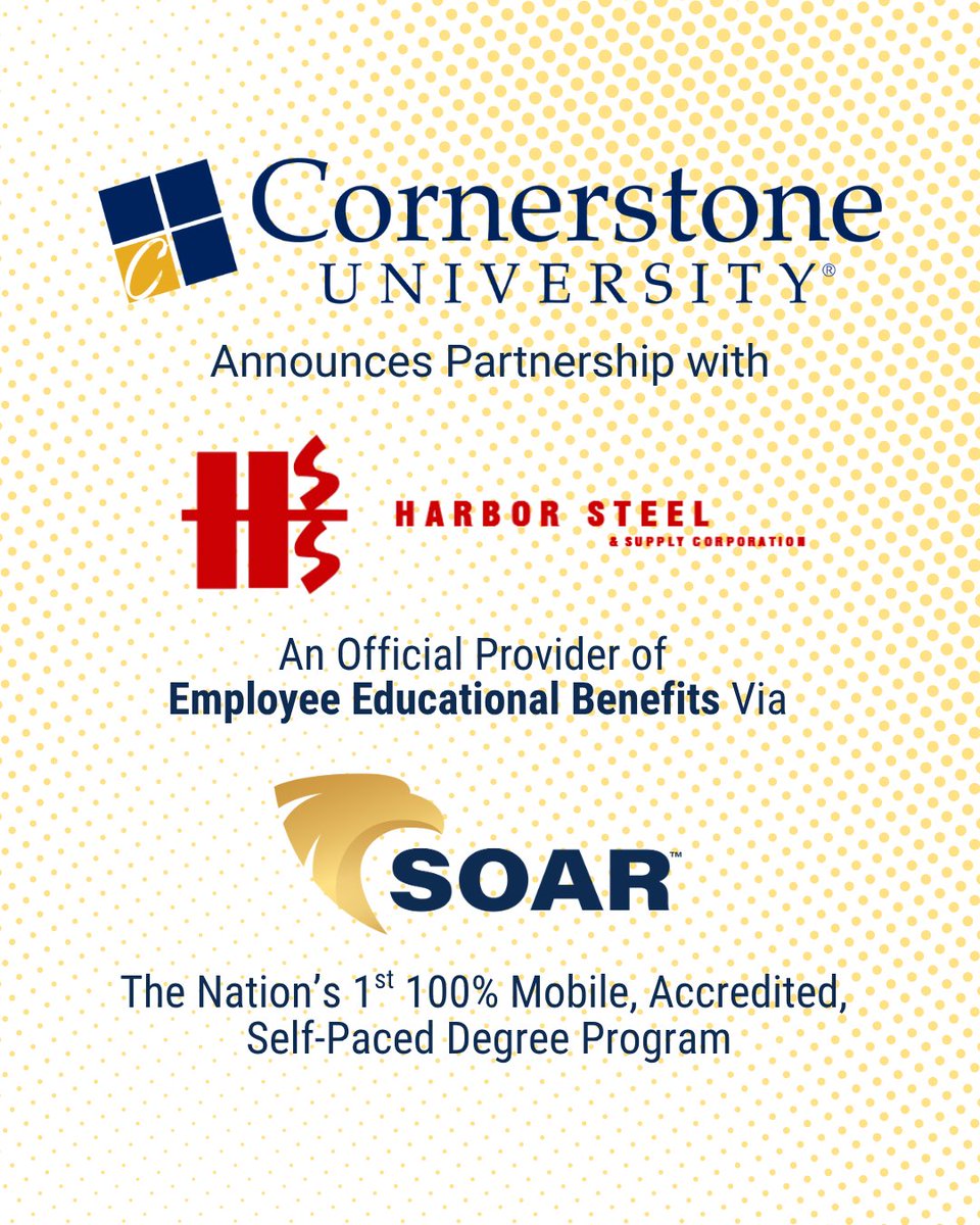 Exciting news! Harbor Steel is now a SOAR™ Business Partner.
236 employees + families now have access to flexible business degrees with tuition scholarships.

Employees, contact HR for more info! 

🔗 Employers, partner w/ Cornerstone University! soar.cornerstone.edu/partners