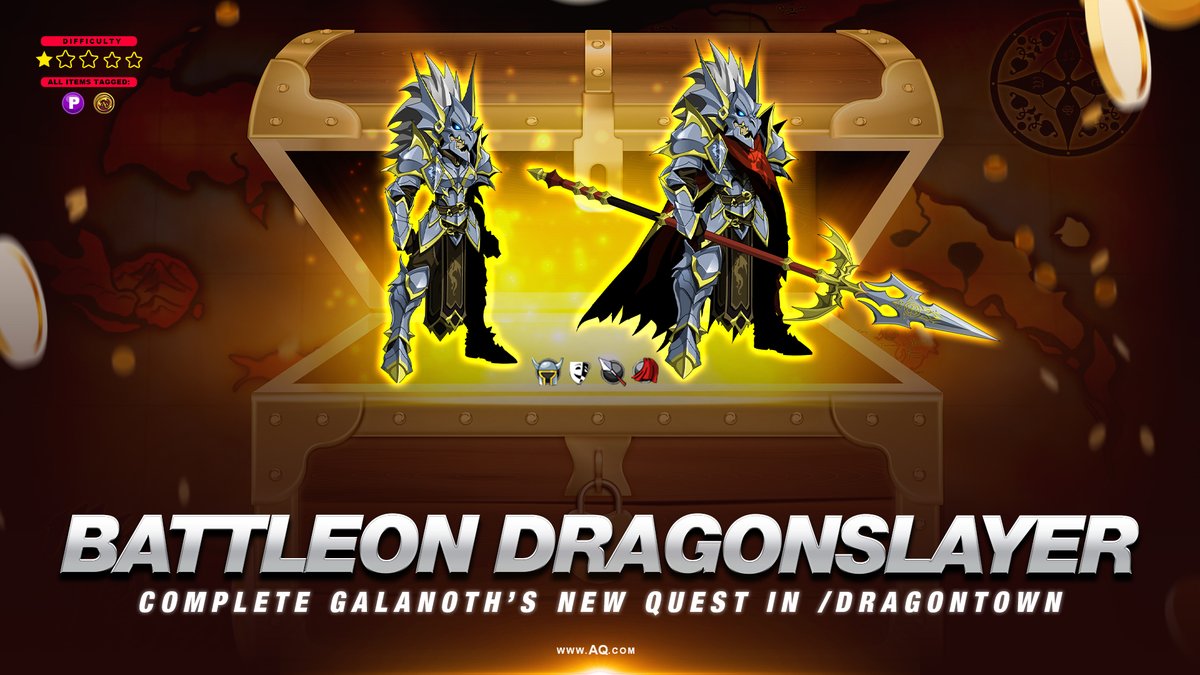 This week's midweek update has arrived! Complete Galanoth's new quest in /Dragontown to get the Battleon Dragonslayer Set! aq.com