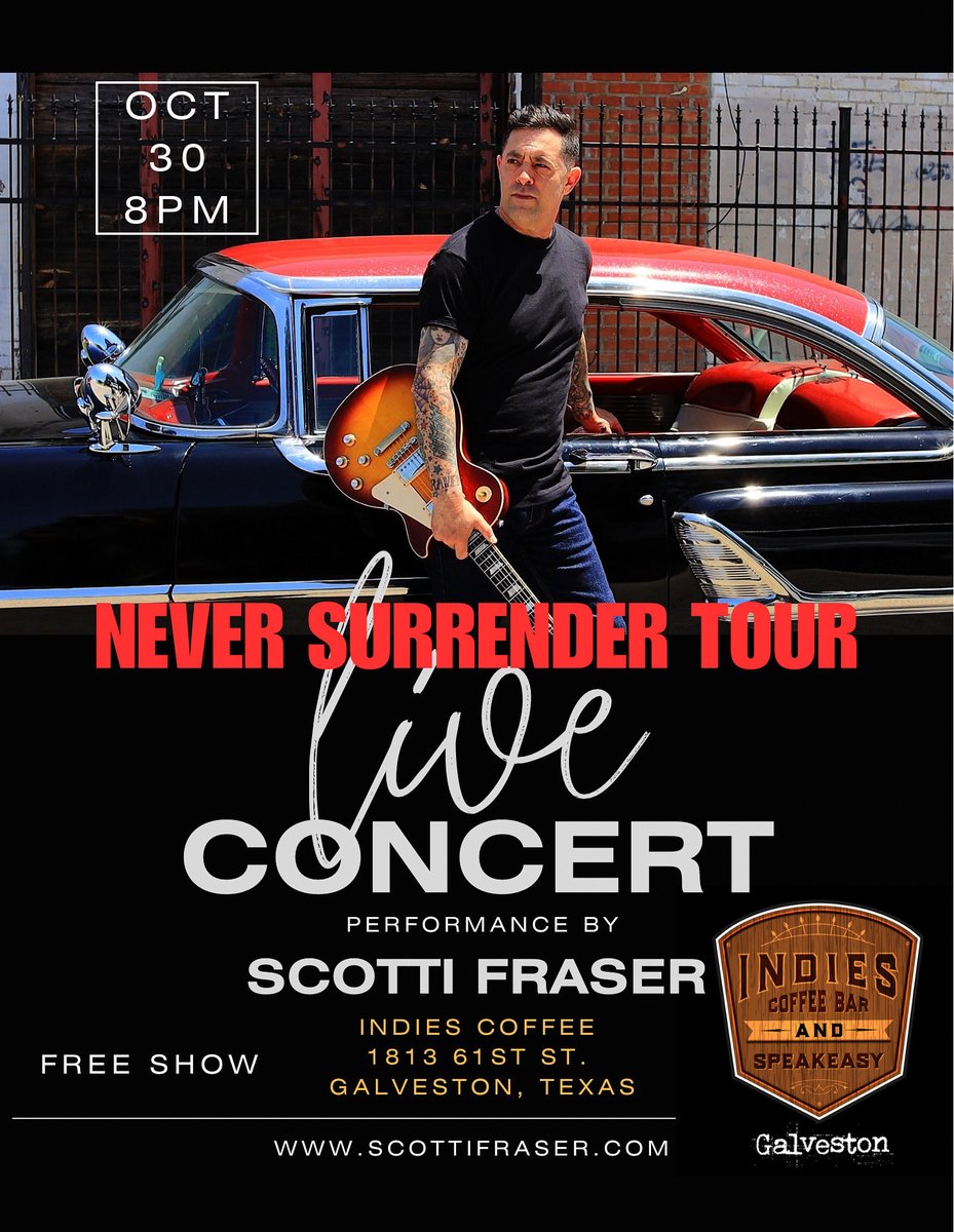 The Never Surrender Tour rolls on with songs &amp; stories of Hope and strength at this Vet owned establishment. Galveston TX your next.