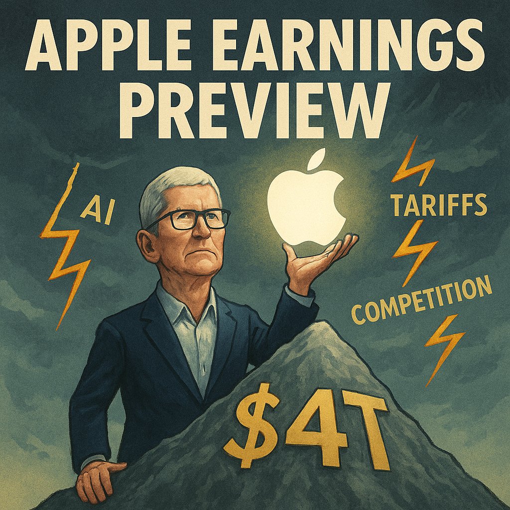 🚨 $AAPL Earnings Preview 🍏
Apple reports Thursday after the bell — its first quarter as a $4T company 💰
Analysts expect:
→ $101.2B revenue (+6.6%)
→ $1.73 EPS (+5.5%)

🐂 Bull case: iPhone 17 crushes, AI clarity boosts confidence 📈
🐻 Bear case: vague AI roadmap =