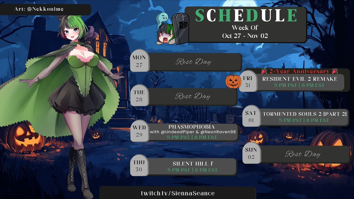 It’s my 2-YEAR STREAM ANNIVERSARY + HALLOWEEN!! 🎉🎃 This week we’re going wild with RESIDENT EVIL 2 &amp; Crowd Control! You can shrink me, spawn enemies &amp; cause chaos 👀 Can’t wait to celebrate (and scream) with you all! 💚🖤

#Vtuber #ENVtuber #Halloween #VTuberUprising