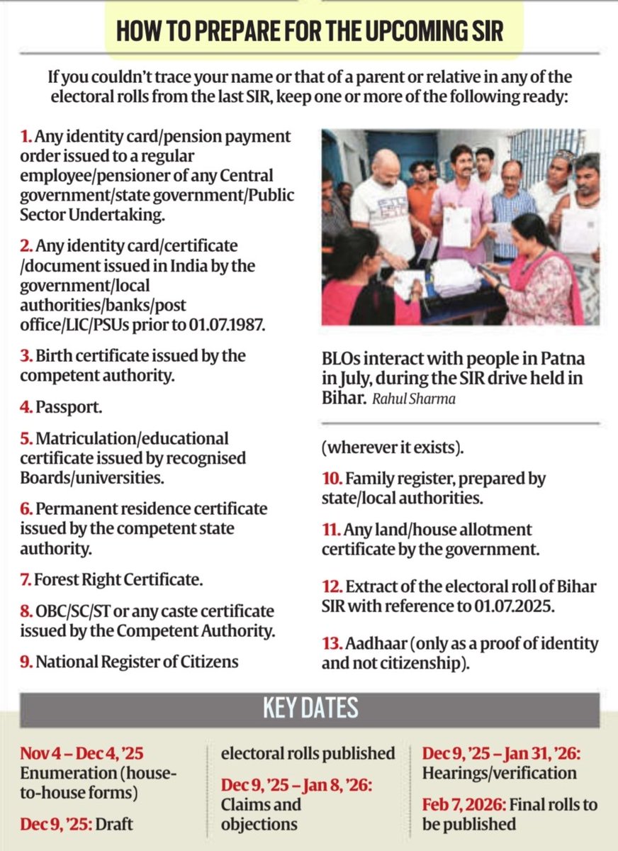 imRavikantYadav's tweet photo. How to prepare for the upcoming SIR
#SIR
#SIR2 #SpecialIntensiveRevision #VoterList #VoterMapping #votereform #ElectoralRoll #election
#BiharSIR
#electioncommissionofindia
#Adhaar
#SupremeCourt
#elections
#UPSC
Source: IE https://t.co/p742KurzLZ