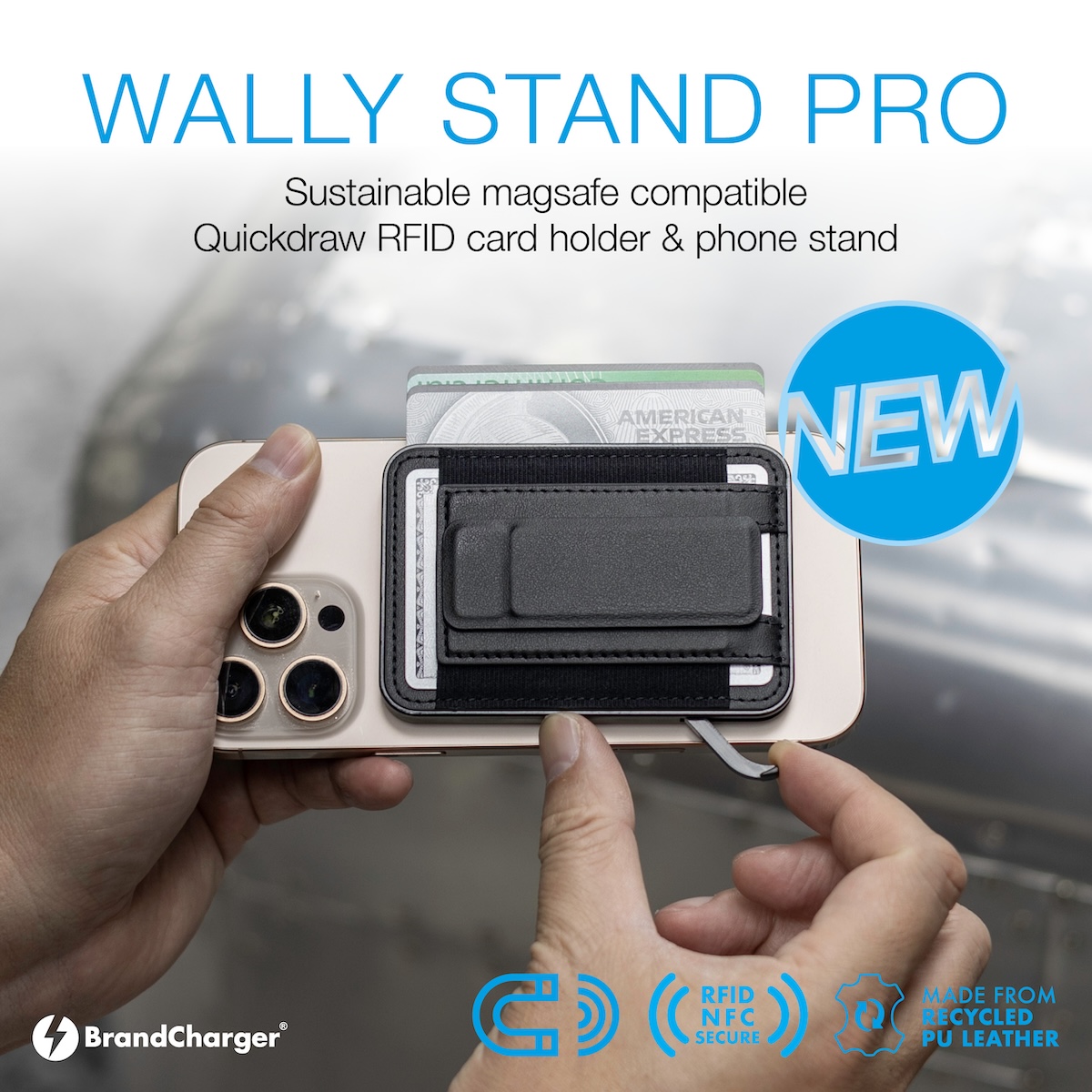 BrandCharger's tweet image. 🚀 Meet the Wally Stand Pro — your new secret weapon for work, travel, and everything in between!

✨ Made from premium recycled PU
🔐 RFID-secure Quikdraw slider for 4 cards + 2 quick-access slots 
📱 MagSafe-compatible + built-in stand

#EcoSmartDesign #BrandedMerchThatWorks