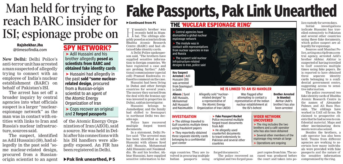 India’s enemies aren’t just across the border, they’re within.
BARC espionage busted: Delhi Police arrest Adil Hussaini posed as a BARC scientist, forged IDs, and tried to leak nuclear designs at ISI’s behest.
Fake passports unearthed.