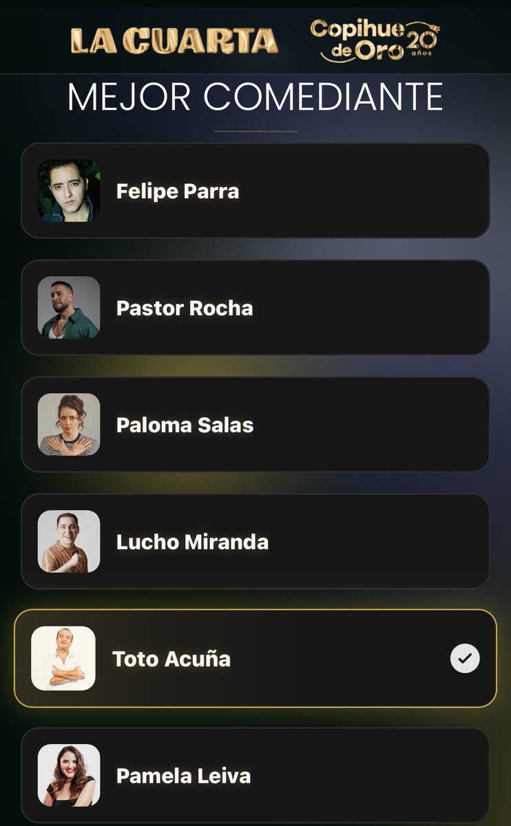 ToToAcToR's tweet image. Gracias por a @lacuarta por nominarme a los Copihue de Oro 🙏